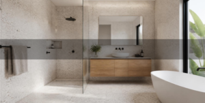 Modern Adelaide bathroom with white terrazzo-look porcelain tile floor and walls, walk-in shower and freestanding tub