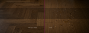 Engineered timber herringbone beside hybrid plank flooring with water droplets - Adelaide flooring comparison