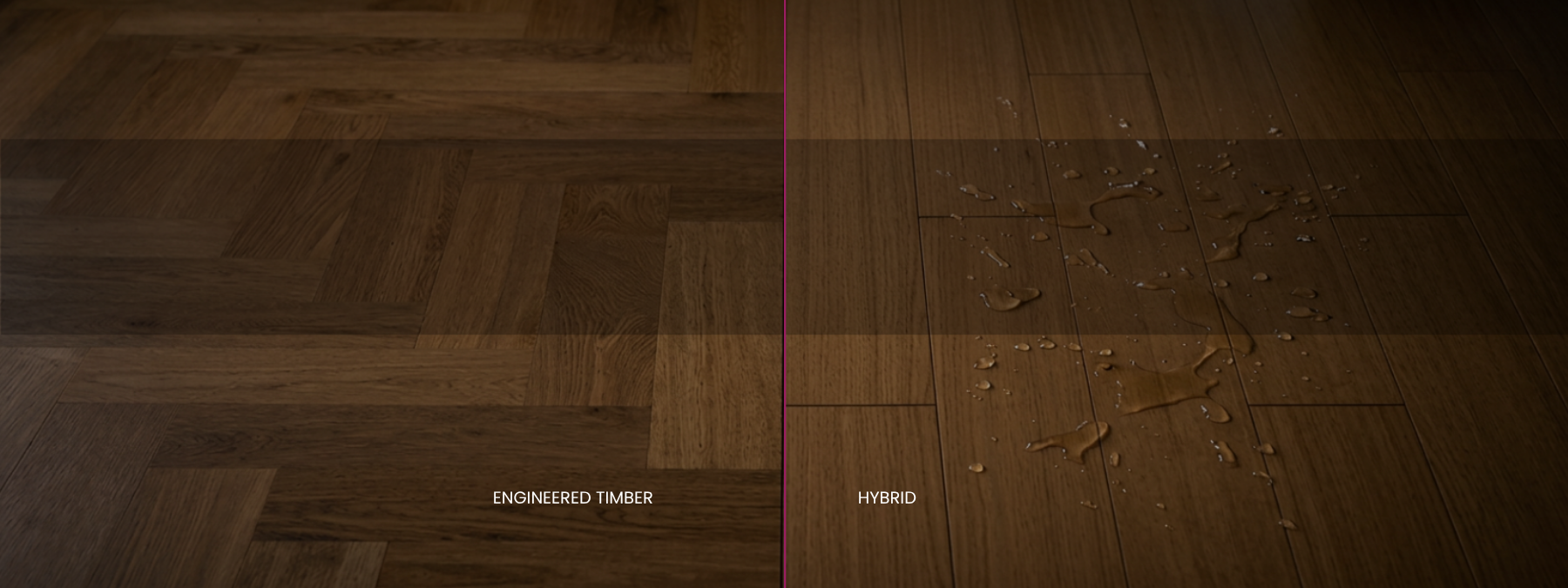 Engineered timber herringbone beside hybrid plank flooring with water droplets - Adelaide flooring comparison