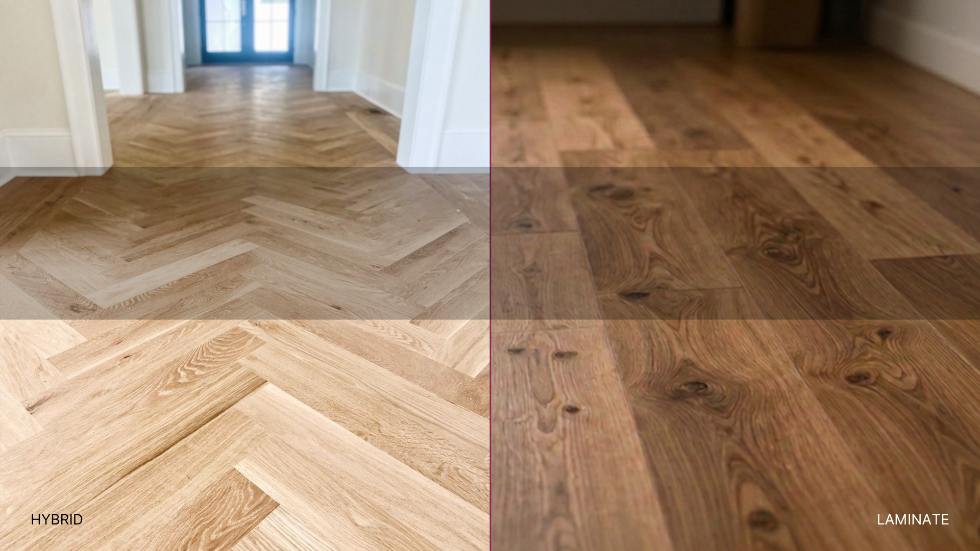 Hybrid vs laminate flooring compared - grey herringbone hybrid beside warm oak laminate plank
